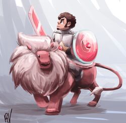  absurd_res aged_up armor belly_gem brown_hair cartoon_network diamond_(gem_species) duo facial_hair felid feral fur gem gem_(species) hair hi_res human lion lion_(steven_universe) male mammal melee_weapon pantherine pink_body pink_fur riding riding_on_back shield steven_quartz_universe steven_universe sword unknown_artist weapon 