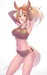  animal_ears armpits arms_behind_head backlighting breasts bridle brown_gloves brown_hair brown_sports_bra buruma chestnut_thoroughbred_(kemono_friends) commentary contrapposto cowboy_shot elbow_gloves female gloves highres horse_ears horse_girl horse_tail japan_racing_association kemono_friends logo long_hair looking_at_viewer midriff multicolored_hair navel open_mouth ponytail signature simple_background single_vertical_stripe solo sports_bra sportswear standing tail takamine_nadare thighs toned white_background white_hair 