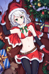  bell belt bikini bikini_top_only black_pantyhose bow box breasts capelet christmas christmas_tree commentary detached_sleeves female fur-trimmed_capelet fur-trimmed_skirt fur_trim gift gift_box gloves green_bow green_eyes hair_ornament hairclip hat highres looking_at_viewer loose_belt lying medium_hair miniskirt navel on_back original pantyhose red_bikini red_capelet red_gloves red_hat red_skirt santa_bikini santa_costume santa_hat shibanme_tekikumo skirt small_breasts smile solo star_(symbol) star_hair_ornament stuffed_animal stuffed_reindeer stuffed_toy swimsuit white_hair wreath 