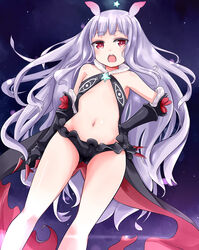  antenna_hair bad_id bad_pixiv_id bare_shoulders blunt_bangs cape commentary_request female flat_chest fur_trim gauntlets gloves grey_hair highres hoshimiya_kate long_hair lowleg lowleg_skirt mask midriff navel neneru no_mask open_mouth photoshop_(medium) red_eyes sekai_seifuku:_bouryaku_no_zvezda skirt sky solo star_(sky) star_(symbol) starry_sky venera-sama very_long_hair 