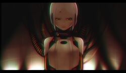  bad_id bad_pixiv_id brown_eyes chromatic_aberration female glados highres joints personification portal_(series) portal_1 robot_joints short_hair sidelocks solo weyowang white_hair 