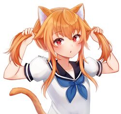  animal_ears black_sailor_collar blue_neckerchief blush bunching_hair cat_ears cat_girl cat_tail commentary dated female highres indie_virtual_youtuber kaheru_(vtuber) long_hair looking_at_viewer neckerchief orange_hair parted_lips puffy_short_sleeves puffy_sleeves red_eyes sailor_collar school_uniform serafuku shirt short_sleeves signature simple_background solo tail temachii twintails upper_body virtual_youtuber white_background white_shirt 