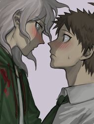  2boys ahoge bad_id bad_twitter_id blush brown_hair coat collared_shirt commentary_request danganronpa_(series) danganronpa_2:_goodbye_despair doggye_(zginrwsn) eye_contact face-to-face from_side green_coat green_necktie grey_background grey_hair height_difference highres hinata_hajime komaeda_nagito korean_commentary looking_at_another male_focus multiple_boys necktie open_clothes open_coat profile shirt short_hair simple_background spiked_hair sweatdrop upper_body white_shirt yaoi 