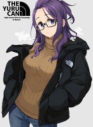  black-framed_eyewear black_coat blue_eyes blush brand_name_imitation breasts brown_sweater closed_mouth clothes_writing coat commentary_request cowboy_shot denim english_text female forehead glasses hands_in_pockets hood hood_down hooded_coat jeans kagamihara_sakura long_hair long_sleeves looking_at_viewer medium_breasts mirai_denki one_side_up open_clothes open_coat pants purple_hair solo sweater the_north_face turtleneck turtleneck_sweater yurucamp zipper 