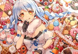  animal_ear_fluff animal_ears arm_cuffs black_gloves black_leotard blue_hair blush braid breasts cake candy carrot_hair_ornament checkerboard_cookie checkered_floor chocolate cleavage closed_mouth coat commentary cookie cream cream_on_face cupcake don-chan_(usada_pekora) doughnut eclair_(food) female flower food food-themed_hair_ornament food_on_face from_above fruit fur-trimmed_gloves fur_scarf fur_trim gloves hair_ornament heart heart-shaped_chocolate highres hololive icing leotard licking_lips light_blue_hair long_hair looking_at_viewer lying macaron medium_breasts multicolored_hair on_back orange_eyes pastry_box playboy_bunny rabbit_ears rabbit_girl smile solo strawberry symbol-shaped_pupils thick_eyebrows thumbprint_cookie tongue tongue_out too_much_food twin_braids twintails two-tone_hair upper_body usada_pekora usada_pekora_(1st_costume) virtual_youtuber waffle white_coat white_hair yatsubo 