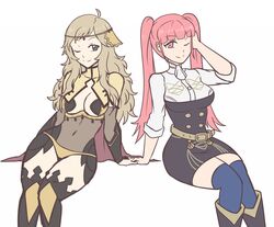  2girls ahoge belt blonde_hair bridal_gauntlets closed_mouth commentary desk fire_emblem fire_emblem:_three_houses fire_emblem_fates garreg_mach_monastery_uniform grey_eyes hayato_stuff highres hilda_valentine_goneril holding_hands long_hair looking_at_another multiple_girls on_desk one_eye_closed ophelia_(fire_emblem) pink_eyes sitting twintails 