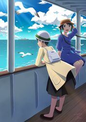  2girls :d alternate_costume backpack bag bird black_footwear blue_dress bowl bowl_hat commentary_request commission dated dress from_side full_body green_eyes green_hair hat kantai_collection long_hair looking_at_viewer looking_to_the_side mikuma_(kancolle) mogami_(kancolle) multiple_girls nao_(nao_eg) seagull ship_deck short_hair signature skeb_commission smile twintails white_headwear 