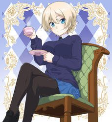  absurdres ada_badguy argyle_background black_footwear black_pantyhose blonde_hair blue_background blue_eyes blue_skirt blue_sweater braid breasts chair crossed_legs cup darjeeling_(girls_und_panzer) emblem female from_below girls_und_panzer hair_between_eyes highres holding holding_cup holding_saucer large_breasts legs loafers long_sleeves looking_at_viewer pantyhose pleated_skirt saucer school_uniform shoes short_hair sitting skirt smile solo st._gloriana&#039;s_(emblem) st._gloriana&#039;s_school_uniform sweater teacup thighs twin_braids v-neck 