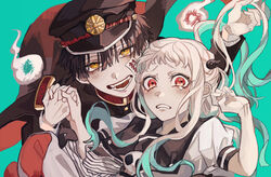  1boy black_hair blurry blurry_background commentary female gakuseibou hair_ornament hanako_(jibaku_shounen_hanako-kun) hat highres jacket jibaku_shounen_hanako-kun kuroume_(aihikarikuroume24) long_hair long_sleeves looking_at_viewer magatama magatama_hair_ornament ofuda open_mouth peaked_cap school_uniform short_sleeves smile very_long_hair yashiro_nene yellow_eyes 