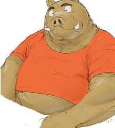  2015 anthro belly brown_body clothing gombee_s kemono male mammal overweight overweight_male shirt simple_background solo suid suina sus_(pig) topwear wild_boar 