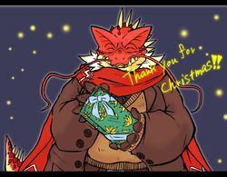  2020 anthro beard christmas closed_eyes facial_hair holidays humanoid_hands iguana iguanid itzamna_(tas) lifewonders lizard male okudami overweight overweight_anthro overweight_male red_body reptile scalie scarf simple_background solo text tokyo_afterschool_summoners 