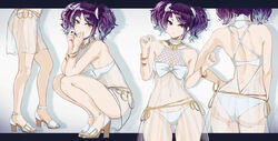  ass bad_id bad_pixiv_id bikini bracelet breasts female hair_ornament hairclip highres idolmaster idolmaster_shiny_colors jewelry looking_at_viewer medium_breasts minyom multiple_views navel purple_eyes purple_hair see-through short_twintails swimsuit tanaka_mamimi twintails two-tone_background white_bikini 