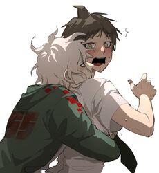  2boys ^^^ ahoge bad_id bad_twitter_id black_hair blush brown_hair coat commentary_request danganronpa_(series) danganronpa_2:_goodbye_despair doggye_(zginrwsn) from_side green_coat green_eyes grey_background hand_up head_on_another&#039;s_shoulder hinata_hajime hood hooded_coat hug hug_from_behind komaeda_nagito korean_commentary looking_at_another male_focus medium_hair messy_hair multiple_boys necktie open_mouth pale_skin shirt short_hair short_sleeves simple_background surprised sweatdrop teeth upper_body upper_teeth_only white_background white_shirt yaoi 