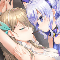  2girls animal_ears apron armpits arms_up bell blonde_hair blue_dress blue_eyes blue_hair blush breasts closed_mouth collar commentary cuffs dress food headband heart heart-shaped_pupils lexington_(cv-16)_(warship_girls_r) long_hair looking_at_another medium_breasts multiple_girls mvv naked_apron neck_bell pocky pocky_kiss shackles sideboob sigsbee_(warship_girls_r) small_breasts symbol-only_commentary symbol-shaped_pupils warship_girls_r yuri 