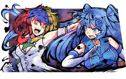  2girls bare_shoulders blonde_hair blue_eyes blue_hair breasts carillus collarbone commission elbow_gloves fighting_stance gloves glowing glowing_eyes google_chrome google_chrome_(merryweather) green_hair hair_ornament highres internet_explorer internet_explorer_(merryweather) internet_explorer_(webcomic) large_breasts long_hair medium_breasts multicolored_eyes multicolored_hair multiple_girls open_mouth personification ponytail red_hair serious short_hair smile upper_body white_gloves 