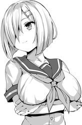  banned_artist belko breasts closed_mouth female greyscale hair_ornament hair_over_one_eye hairclip hamakaze_(kancolle) highres kantai_collection large_breasts looking_to_the_side monochrome neckerchief sailor_collar school_uniform serafuku short_hair simple_background upper_body white_background 