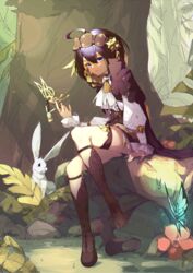  antenna_hair blue_butterfly blue_eyes blue_hair brown_footwear brown_legwear bug butterfly cape closed_mouth female forest full_body hair_between_eyes hair_ornament highres holding holding_wand homu_(honkai_impact) honkai_(series) honkai_impact_3rd linxi long_sleeves looking_at_viewer nature outdoors rabbit seele_vollerei seele_vollerei_(swallowtail_phantasm) shirt shoes short_hair single_shoe sitting solo tree unworn_shoes wand white_shirt 