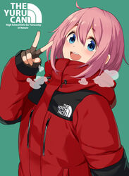  :d ahoge aqua_background blue_eyes blush brand_name_imitation brown_gloves clothes_writing coat commentary_request drawstring english_text female fingerless_gloves gloves hair_between_eyes hand_up hood hood_down hooded_coat kagamihara_nadeshiko long_sleeves looking_at_viewer mirai_denki open_mouth pink_hair red_coat round_teeth short_hair simple_background smile solo teeth the_north_face upper_teeth_only v yurucamp zipper 