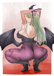  animal_print arms_behind_head ass back bat_print bat_wings breasts bridal_gauntlets demon_girl female from_behind full_body green_eyes green_hair head_wings high_heels highleg highleg_leotard large_breasts leotard long_hair looking_at_viewer low_wings morrigan_aensland pantyhose print_pantyhose purple_pantyhose solo spread_legs squatting totteri vampire_(game) wings 