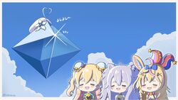  3girls ahoge angel_(evangelion) animal_ears bell blonde_hair blue_sky blush breasts chibi cleavage closed_eyes cosplay fangs flower fox_ears fox_girl hair_between_eyes hat heart heart_ahoge hololive jester_cap lion_ears lion_girl long_hair momosuzu_nene multiple_girls neon_genesis_evangelion nepolabo nyaring943 objectification oerba_yun_fang omaru_polka omaru_polka_(1st_costume) open_mouth pun ramiel_(evangelion) shishiro_botan sky two_side_up virtual_youtuber white_flower yukihana_lamy yukihana_lamy_(cosplay) 