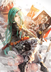  absurdres alternate_costume arknights armband bad_id bad_pixiv_id beads belt black_footwear black_nails black_shirt boots breasts closed_mouth commentary female from_side full_body green_eyes green_hair hand_on_own_knee highres horns hoshiguma_(arknights) hoshiguma_(ronin_huntress)_(arknights) katana light_smile long_hair looking_at_viewer mask medium_breasts nail_polish official_alternate_costume oni oni_mask pants pouch prayer_beads shield shirt single_horn sitting skin-covered_horns smoke solo sparkle sticker sword thigh_pouch turtleneck weapon white_pants zahravoca_(annpratamav) 