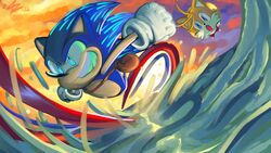  2boys 4zumarill absurdres blue_hair commentary english_commentary furry furry_male gloves grin highres male_focus multiple_boys open_mouth running simple_background smile sonic_(series) sonic_the_hedgehog super_peel_out tail tails_(sonic) water wheel_o_feet white_gloves 