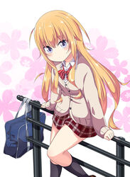  ahoge bag blonde_hair blue_eyes cardigan commentary_request female gabriel_dropout gabriel_tenma_white highres kneehighs long_hair looking_at_viewer messy_hair plaid plaid_skirt purple_eyes school_bag school_uniform skirt socks solo ukami uniform very_long_hair 