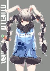  alternate_costume alternate_hair_color animal_ear_fluff animal_ears black_hair blue_jacket blunt_bangs bow braid brown_eyes carrot commentary_request don-chan_(usada_pekora) female food-themed_hair_ornament fur_trim hair_ornament hairbow hands_in_pockets highres hololive jacket long_hair looking_down rabbit_ears rabbit_girl short_eyebrows solo twin_braids twintails usada_pekora virtual_youtuber white_bow white_hair yagi_(yagiumaaai) 