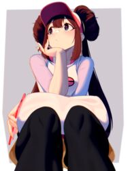  black_pantyhose blue_eyes blush bright_pupils brown_hair cellphone closed_mouth commentary_request dev_(dev0614) double_bun female from_below hair_bun hand_up head_rest holding holding_phone knees long_hair looking_to_the_side pantyhose pantyhose_under_shorts phone pokemon pokemon_bw2 raglan_sleeves rosa_(pokemon) shorts solo twintails visor_cap white_pupils yellow_shorts 