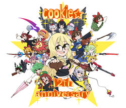  6+girls alice_margatroid anniversary arm_cannon arrow_(symbol) bat_wings bird_wings black-framed_eyewear black_hair black_skirt black_vest black_wings blonde_hair blue_bow blue_eyes blue_hair blunt_bangs blush bois_de_justice bow braid breasts broom brown_hair brown_horns candy chocolate cirno cirno_(cookie) closed_eyes closed_mouth colored_skin commentary cookie_(touhou) copyright_name cup daiyousei dies_irae diyusi_(cookie) electric_guitar enema everyone fish fishing_rod food garbage_(cookie) genpatsu_(cookie) glasses gram_9 green_hair green_headwear grey_hair guitar hair_between_eyes hairband hairbow hakurei_reimu hat hat_ornament head_wings heart heart-shaped_chocolate highres hinase_(cookie) holding holding_broom holding_fishing_rod holding_food holding_scythe holding_sword holding_umbrella holding_weapon hong_meiling horns ibuki_suika instrument inu_(cookie) inubashiri_momiji izayoi_sakuya kazami_yuuka kirisame_marisa knifed large_breasts light_purple_hair long_hair long_sleeves looking_at_viewer macota_(cookie) medicine_melancholy mob_cap multiple_girls mystia_lorelei nadeko_(cookie) name_tag necktie onozuka_komachi open_mouth orange_hair pink_bow pink_eyes pink_hair pink_headwear red_bow red_eyes red_hair red_hairband red_headwear red_necktie red_vest reiuji_utsuho remilia_scarlet reu_(cookie) rock round_teeth rumia sakenomi_(cookie) school_swimsuit scythe shameimaru_aya shinza_bansho_series shirt shishou_(cookie) side_braid single_braid skirt skull smile star_(symbol) star_hat_ornament swimsuit sword teeth the_chicken_that_appears_in_the_middle_of_cookie tokin_hat tori_(cookie) touhou traffic_baton umbrella upper_body uzuki_(cookie) vest weapon whistle white_background white_shirt white_skin wings yamin_(cookie) yellow_bow yellow_eyes yunomi yuzuyu_(cookie) 