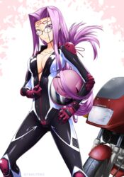  biker_clothes bikesuit bodysuit breasts facial_mark fate/stay_night fate_(series) female folded_hair forehead_mark full-length_zipper glasses helmet highres large_breasts long_hair medusa_(fate) medusa_(rider)_(fate) motor_vehicle motorcycle motorcycle_helmet partially_unzipped purple_hair racing_suit skin_tight solo takuteks very_long_hair zipper 