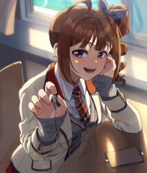  ahoge blazer blue_ribbon brown_hair cellphone classroom commentary desk dress_shirt drill_hair earbuds earphones female giving grey_sweater hair_ribbon half-closed_eyes head_rest high_schoolmate_(idolmaster) highres holding idolmaster idolmaster_million_live! indoors jacket kamille_(vcx68) light_particles light_rays long_sleeves looking_at_viewer medium_hair nail_polish open_clothes open_jacket open_mouth phone purple_eyes ribbon school_desk school_uniform shirt side_ponytail sidelocks sitting smartphone smile solo sunlight sweater uniform_series_(idolmaster) v-neck white_jacket white_shirt window window_shadow wing_collar yokoyama_nao 