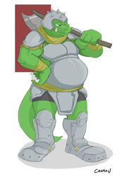  anthro armor axe belly canson claws clothed clothing dan_darlest feda:_the_emblem_of_justice finger_claws full-length_portrait green_body headgear helmet hi_res holding_axe holding_object lizard lizardman male melee_weapon muscular muscular_anthro muscular_male portrait reptile scalie shoulder_guards signature solo tail weapon weapon_on_shoulder white_claws 