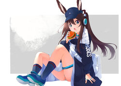  :o absurdres amiya_(arknights) amiya_(newsgirl)_(arknights) animal_ear_fluff animal_ears arknights ascot bad_id bad_pixiv_id bag baseball_cap black_ascot black_coat black_hair blue_choker blue_eyes blue_footwear blue_hat brown_hair burger choker clothes_writing coat commentary ears_through_headwear female food food_on_face full_body grey_background hair_between_eyes hat headphones highres holding holding_food jewelry kneehighs knees_up long_hair long_sleeves looking_at_viewer official_alternate_costume open_clothes open_coat open_mouth panties pantyshot ponytail rabbit_ears rabbit_girl ring shirt shoes shoulder_bag sidelocks sitting socks solo thighlet thighs thumb_ring u-st_(uweiter) underwear white_shirt 