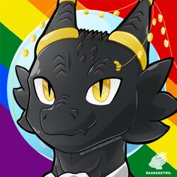  1:1 black_body black_scales icon ink inky kobold lgbt_pride naana naanahstnil pride_color_background pride_colors profile rainbow_pride_colors scales side_view simple_background six-stripe_rainbow_pride_colors solo yellow_eyes 