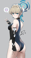  ass black_gloves black_leotard blonde_hair blue_archive blue_eyes blue_halo breasts bun_cover commentary cowboy_shot elbow_gloves expressionless female fingerless_gloves from_behind gloves halo highres leotard looking_at_viewer maid_headdress multicolored_hair revision sleeveless sleeveless_turtleneck solo spoken_emoji streaked_hair toki_(blue_archive) turtleneck turtleneck_leotard v yoo_tenchi 