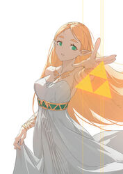  bare_shoulders blonde_hair bracelet breasts commentary dress female green_eyes highres huang_(volt0526) jewelry long_hair looking_at_viewer medium_breasts orange_nails parted_lips pointy_ears princess_zelda reaching reaching_towards_viewer sash solo strapless strapless_dress the_legend_of_zelda the_legend_of_zelda:_breath_of_the_wild triforce very_long_hair white_background white_dress wind 