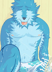  2007 anthro archived_source beau_(bo-gilliam) beaugilliam blue_body blue_fur bodily_fluids bulge canid canine canis clothing digital_media_(artwork) fur male mammal nipples oekaki sitting solo sweat underwear wolf 