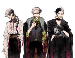  3boys alternate_costume alternate_hair_length alternate_hairstyle ashiya_douman_(fate) asymmetrical_hair black_eyes black_gloves black_hair clone cowboy_shot evil_grin evil_smile expressionless eyeshadow fate/grand_order fate_(series) fingernails formal gloves green_eyeshadow green_lips green_nails grin hair_between_eyes highres lipstick makeup male_focus multicolored_hair multiple_boys necktie o-djiko ponytail sharp_fingernails short_hair skull smile smirk split-color_hair two-tone_hair white_background white_hair 