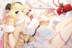  ahoge armpits bare_shoulders blonde_hair braid breasts dress female fingernails flower fur_trim fuumi_(radial_engine) hair_flower hair_ornament hairclip half_updo harp highres hololive horns instrument large_breasts long_hair lying on_back one_eye_closed photoshop_(medium) purple_eyes sheep_horns tsunomaki_watame tsunomaki_watame_(1st_costume) very_long_hair virtual_youtuber white_dress wool 