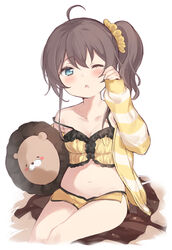  ahoge bad_id bad_pixiv_id bare_shoulders belly blue_eyes brown_hair camisole collarbone ebi_frion_(natsuiro_matsuri) female frilled_camisole frills hair_between_eyes highres hololive jacket long_sleeves natsuiro_matsuri natsuiro_matsuri_(matsuri&#039;s_day_off) navel one_eye_closed orange_shorts rubbing_eyes saliva short_hair short_shorts shorts side_ponytail single_tear sitting solo stomach strap_slip striped_clothes striped_jacket stuffed_animal stuffed_toy teardrop triangle_mouth usanta virtual_youtuber yellow_camisole yellow_jacket 