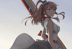  belt blue_eyes breast_pocket breasts brown_hair closed_mouth dress female flight_deck high_side_ponytail kantai_collection long_hair medium_breasts pocket ponytail rigging saratoga_(kancolle) simple_background sleeveless sleeveless_dress smokestack smokestack_hair_ornament solo taruya upper_body white_dress 