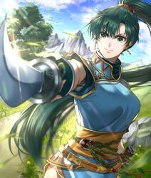  animal belt bird blue_dress blue_sky breasts brown_belt china_dress chinese_clothes closed_mouth cloud delsaber dress earrings female fire_emblem fire_emblem:_the_blazing_blade grass green_eyes green_hair hair_between_eyes high_ponytail highres holding holding_sword holding_weapon jewelry large_breasts long_hair looking_at_viewer lyn_(fire_emblem) mountain outdoors outstretched_arm ponytail sash serious sheath short_sleeves sky solo sword tree upper_body very_long_hair weapon yellow_sash 