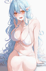  :d ahoge amyu_(amm_asl_pa) bad_id bad_pixiv_id bikini blue_hair blush braid breasts collarbone colored_tips female half_updo heart heart_ahoge highres hololive knee_up large_breasts light_blue_hair long_hair multicolored_hair navel open_mouth pointy_ears side_braid sitting smile solo stomach streaked_hair swimsuit thighs very_long_hair virtual_youtuber wavy_hair wet white_bikini yellow_eyes yukihana_lamy 