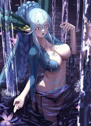  bikini blue_bikini blue_hair blue_nails braid breasts cleavage cowboy_shot curled_horns fate/grand_order fate_(series) female flower hair_between_eyes hand_up horns ironatsuki large_breasts long_hair looking_away navel open_mouth partially_submerged pink_eyes pink_flower pointy_ears reflection ripples short_sleeves shrug_(clothing) sidelocks skin_tight solo standing stomach stomach_tattoo strapless strapless_bikini striped swimsuit symbol-shaped_pupils tattoo thick_eyebrows thighs tiamat_(fate) vertical_stripes very_long_hair water wet x-shaped_pupils 