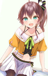  :d absurdres ahoge bare_shoulders black_camisole black_pantyhose black_ribbon blue_eyes brown_hair camisole cat_hair_ornament crop_top cropped_jacket female green_ribbons hair_between_eyes hair_ornament hair_ribbon halterneck highres hololive jacket looking_at_viewer nanochi natsuiro_matsuri natsuiro_matsuri_(1st_costume) navel neck_ribbon off-shoulder_jacket off_shoulder on_bed open_mouth orange_jacket pantyhose pinstripe_camisole pinstripe_pattern pleated_skirt ribbon short_hair short_sleeves side_ponytail sitting skirt smile solo spaghetti_strap striped virtual_youtuber white_skirt 