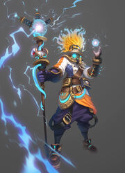  1boy absurdres blonde_hair electricity english_commentary fantasy floating_hair from_below gauge gloves goggles grey_background highres holding holding_staff looking_down male_focus orange_eyes original purple_gloves smile solo staff wire wizard y_frt 