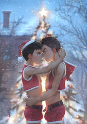  2boys abs arms_around_neck arms_around_waist backlighting bare_tree beitemian belt black_belt black_hair blue_eyes blurry blurry_background blush breath brown_eyes brown_hair christmas christmas_tree closed_mouth cowboy_shot day eye_contact face-to-face from_side highres hood hood_down house hug looking_at_another male_focus male_pubic_hair multiple_boys muscular muscular_male nipples open_belt open_clothes original outdoors photoshop_(medium) profile pubic_hair raised_eyebrow red_shorts short_hair shorts smile snow snowing tree yaoi 