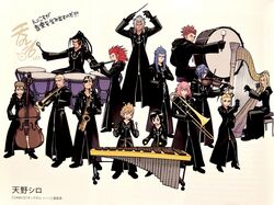  2girls 6+boys amano_shiro axel_(kingdom_hearts) beard black_coat_(kingdom_hearts) coat conductor_baton dark_skin demyx drum eyepatch facial_hair flute grey_hair harp highres holding holding_instrument hood hooded_coat instrument kingdom_hearts larxene lexaeus luxord marluxia multiple_boys multiple_girls music oboe official_art orchestra organization_xiii playing_instrument ponytail roxas saix saxophone scar spiked_hair third-party_source trombone trumpet vexen violin xaldin xemnas xigbar xion_(kingdom_hearts) xylophone zexion 