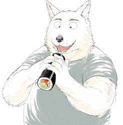  2016 anthro black_nose canid canine clothing ehomaki food gombee_s humanoid_hands kemono makizushi male mammal overweight overweight_anthro overweight_male setsubun shirt simple_background solo sushi topwear white_background white_body 